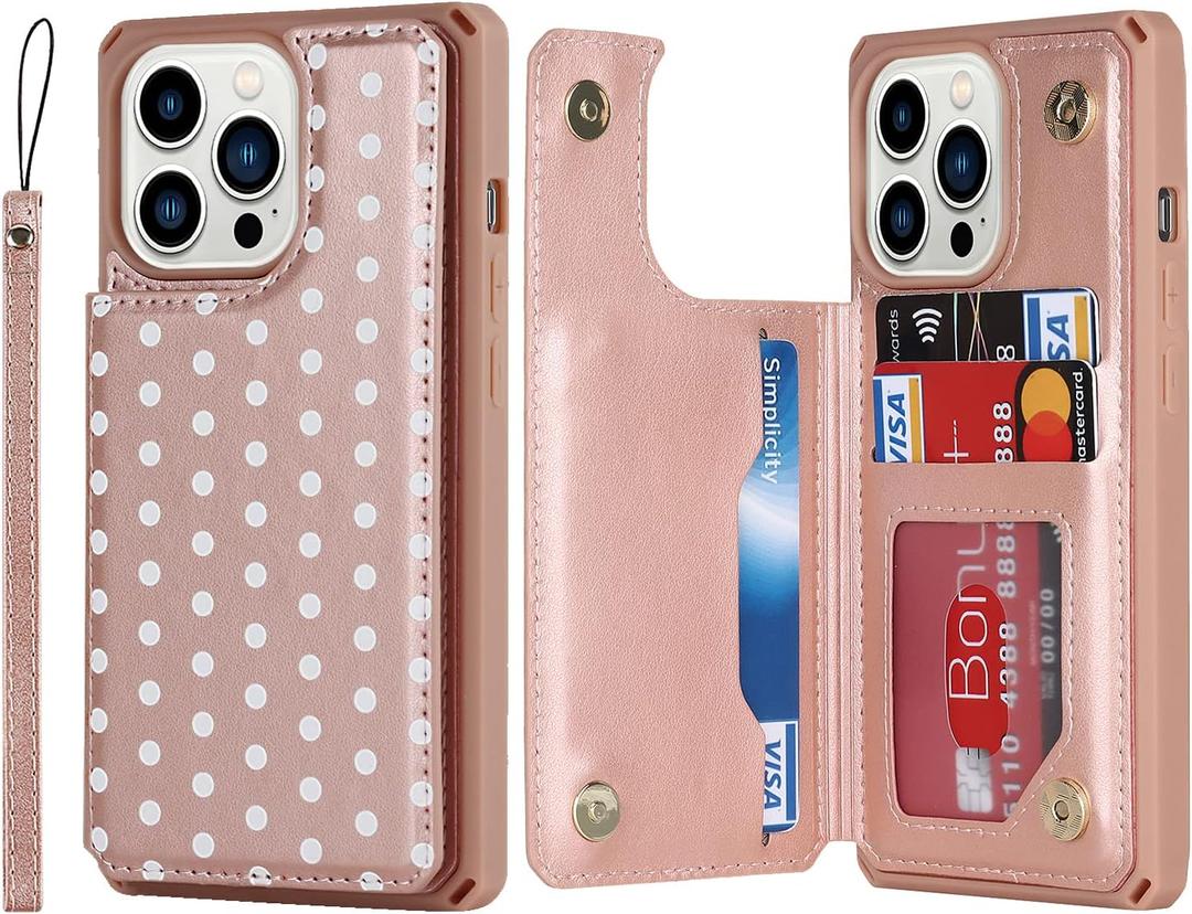 Cavor for iPhone 13 Pro Max Wallet Case with Card Slots Holder,Polka dots PU Leather [Kickstand Feature][Wrist Strap] Double Magnetic Clasp Shockproof Flip Phone Cover - Rose Gold