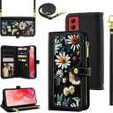 Floral Wallet Case for Motorola Moto G Stylus 5G 2024 with Wrist Strap Shoulder Strap Flip Zipper Purse, Luxury PU Leather Credit ID Card Holder Stand Accessories Phone Cover for G5 Women Black