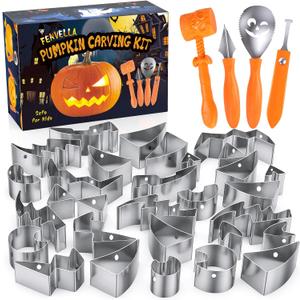 Fenvella Pumpkin Carving Kit for Kids with Hammer, 25 PCS Pumpkin Carving Tools Heavy Duty Stainless Steel Pumpkin Carver Set, Halloween Pumpkin Carving Stencils, Safe Carving Tools Kit for Adults