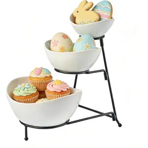 LYEOBOH 3 Tier Serving Bowls Set with Collapsible Thicker Metal Stand, Oval Serving Dishes for Entertaining Tiered Serving Stand for Fruit, Dessert, Candy, Chip and Dip (Black)