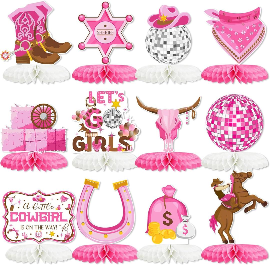 12PCS Cowgirl Party Decorations Western Cowgirl Honeycomb Centerpieces for Tables Lets Go Girls Party Decor for Birthday Baby Shower Supplies (Pink)
