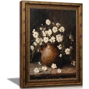 Vintage White Flower Canvas Wall Art,Gold Framed Floral Wall Decor24x16in