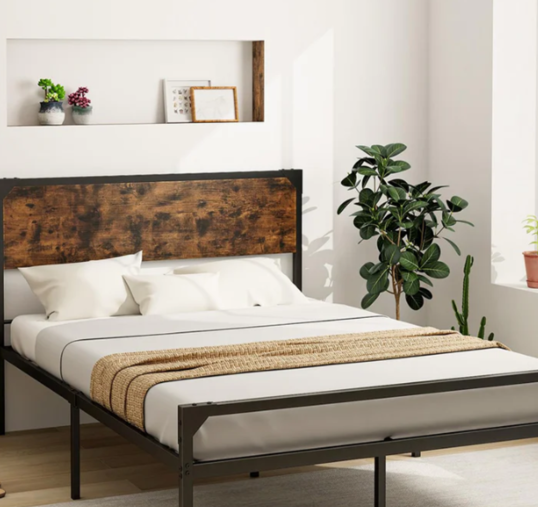 Giantex Full Size Bed Frame with Rustic Headboard & Footboard, Strong Metal Slat Support Mattress Foundation