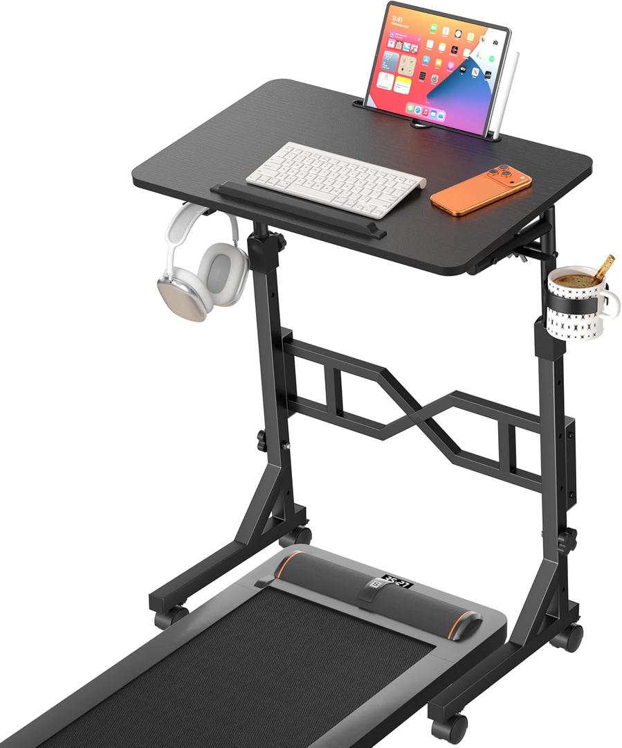Oransail Small Standing Desk with Wheels, 29.5-45.3 Inch Adjustable Height, Portable Treadmill Desk, Rolling Computer Table for Walking Pad with a Cup Holder and a Hook, 25.2 X 15.7 X 45.3 Inches