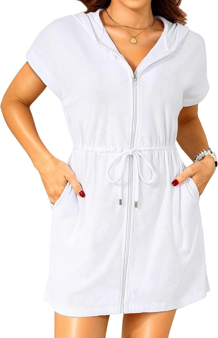 Terry Cloth Cover Ups - Hooded Cotton Swim Sun Cover-up with Zipper Pockets Beach Swimsuits (Medium, White)