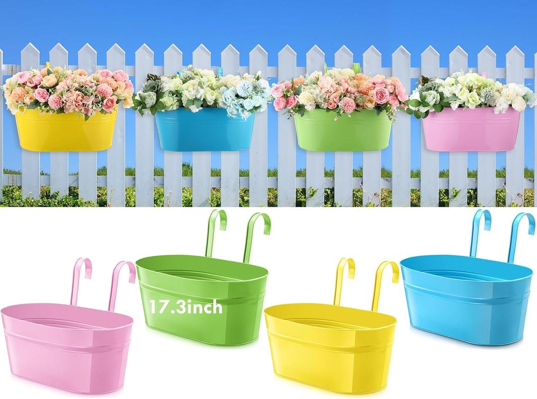 Honeydak 4 Pcs 17.3 Inch Large Metal Iron Hanging Flower Pots Outdoor Rail Planter with Detachable Hooks and Drainage Holes Deck Railing Fence Flower Buckets Plant Holder for Home (Multicolor)