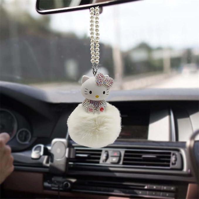 Cute Mirror Charms and Plush Ball Car Accessories for Women,  Crystal and Diamond Cat Rear View Mirror Hanging Ornaments and Decor White