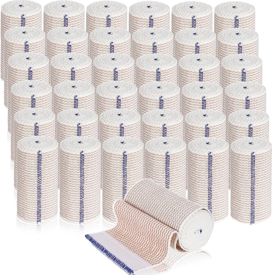 LEIFIDE 36 Pack Compression Bandage Wrap with Self Closure on Both Ends Elastic Bandage for Legs, Knees, Ankles, Wrists, Elbows, Shoulders, Athletic Stretchable Wrap(4 Inch,Blue Trim)