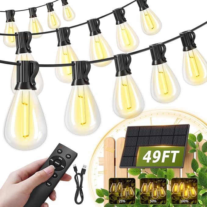 50FT Solar String Lights Outdoor, 18+1LED Shatterproof Bulbs with Remote & USB Port, Waterproof 3 Modes Dimmable Solar Lights for Backyard, Patio, Camping