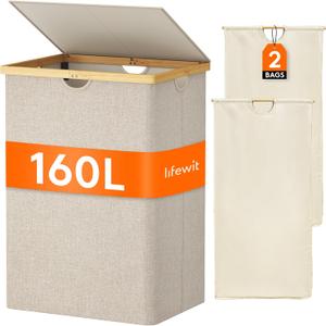 Lifewit 160L Double Laundry Hamper with Lid, Extra Large Bamboo Laundry Basket Dirty Clothes Hamper, 2 Section Laundry Bin Organizer for Laundry Room Bedroom with 2 Removable Liners & Bags, Beige