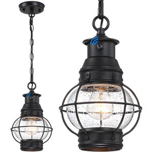 Dusk to Dawn Outdoor Pendant Lights for Porch, Farmhouse Black Outdoor Chandelier for Gazebo, Exterior Hanging Porch Light Fixture with Seeded Glass for Front Door Patio Foyer Entryway