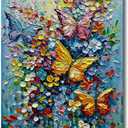V-inspire Art,Modern Hand-Painted Oil Paintings Colorful Floral Acrylic Oil Painting on Canvas 30 x 45 inch Butterfly Flowers Wall Art Home Decoration
