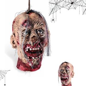 Scary Halloween Decorations Props - Life-Size Hanging Bloody Latex Severed Zombie Head for Haunted House Decor, Indoor Outdoor Halloween Party Yard Decoration
