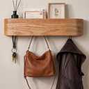 Wall Mounted Coat Rack with Shelf | Solid Wood Coat Rack Wall Mount | Wooden Entryway Organizer with 5 Metal Hidden Hooks for Hanging Bags, Jackets, Keys | Floating shelve with Hooks - Oak