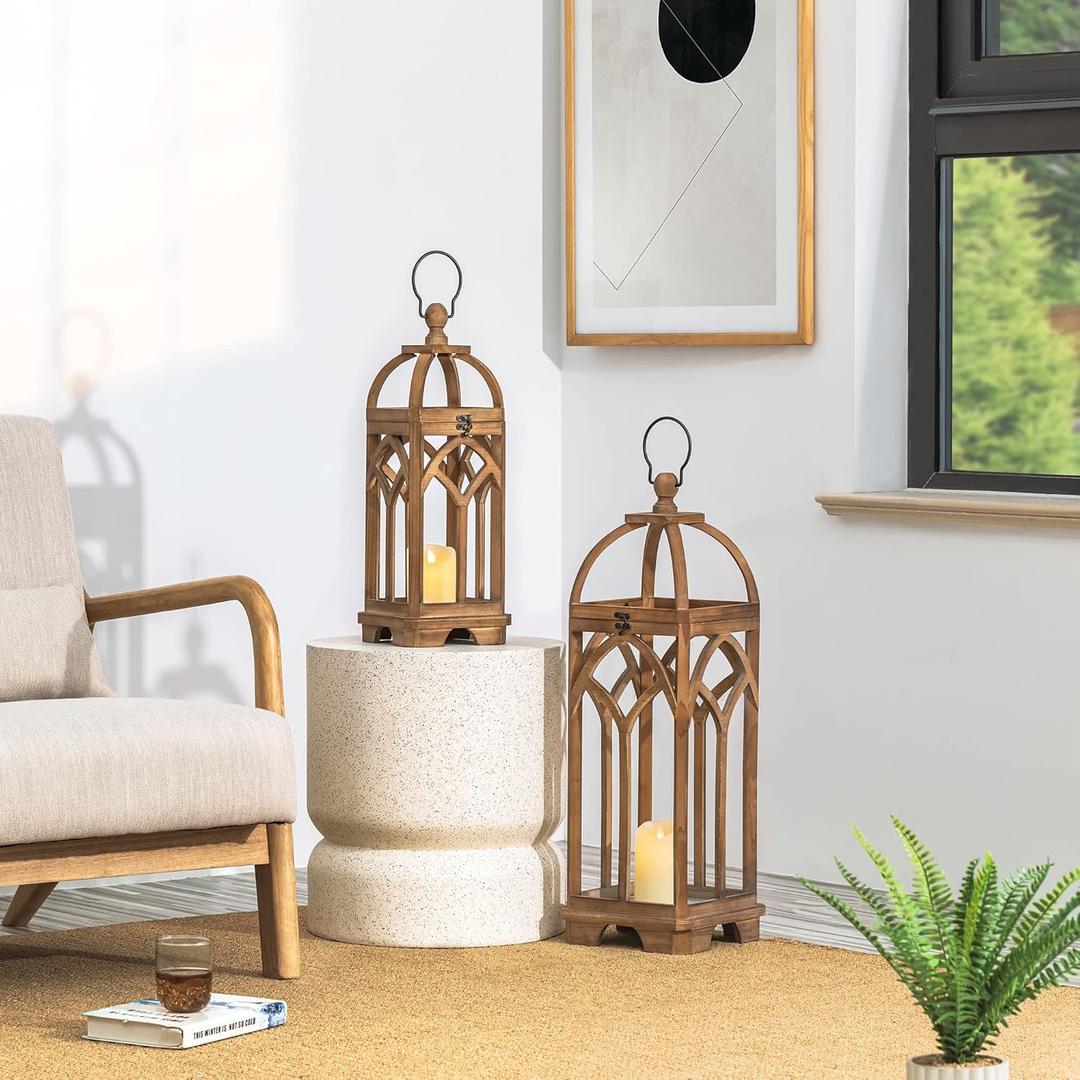 Glitzhome Farmhouse Decorative Lanterns Wooden Candle Lantern Church Window Frame Lanterns for Wedding Mantle Entryway Home Patio Balcony Garden, Pack of 2, Natural, No Glass