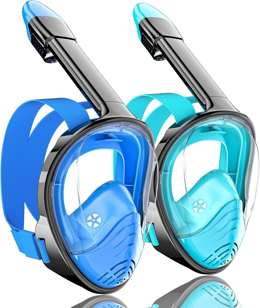 QingSong Full Face Snorkel Mask for Adults, Snorkeling Gear with Camera Mount, 180 Degree Panoramic View Snorkel Set Anti-Fog Anti-Leak (Large-X-Large, 2 Pack -Blue+Green)