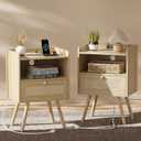 SUPERJARE Nightstands Set of 2, Night Stands with Charging Station & PE Rattan Decor Drawer, Bed Side Tables with Solid Wood Feet, End Table, for Bedroom, Living Room - Natural, 11.8"D x 15.9"W x 23.4"H