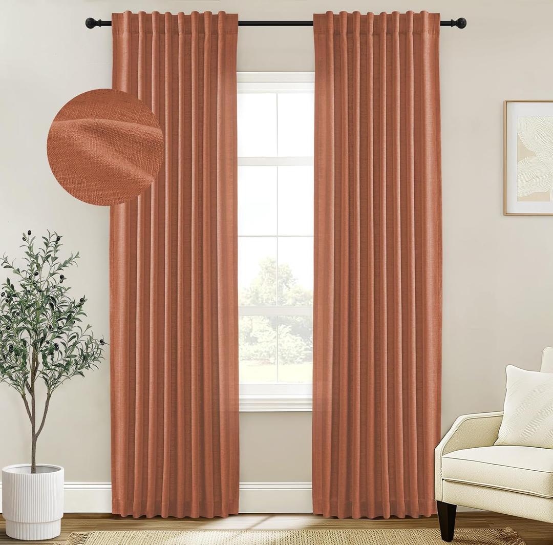 INOVADAY Linen Curtains for Living Room Bedroom, Back Tab Sheer Privacy Curtains 2 Panels, Light Filtering Farmhouse Drapes W50xL96 BurntOrange