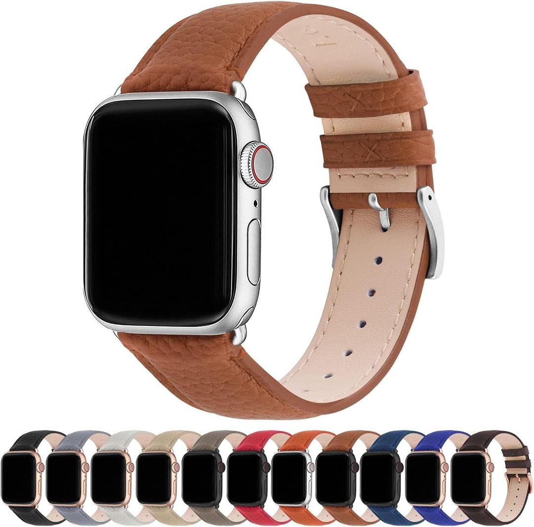 Fullmosa Leather Bands Compatible Apple Watch Band 38mm 40mm 41mm 42mm 44mm 45mm 49mm, Dressy Chic iWatch Strap with Case for iWatch Series 9 8 7 6 5 4 3 2 1 SE Ultra 2 1 for Women (Brown/silver)
