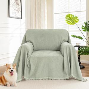 MYSKY HOME Oversized Armchair Couch Cover for 1 Cushion Couch, Washable Sofa Protector, Chair Chenille Couch Covers, Wingback Chair Cover Sofa Covers Sofa Throw Sofa Slipcovers, 71"X91", Sage Green (Tassels Edge-sage)