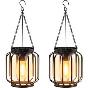 Solar Hanging Lanterns Outdoor: 2 Pack Metal Solar Hanging Lights with Hook, Bright - Warm Waterproof LED Lanterns for Outside, Classic Decorative Solar-Powered Light for Yard Garden Patio Porch Decor