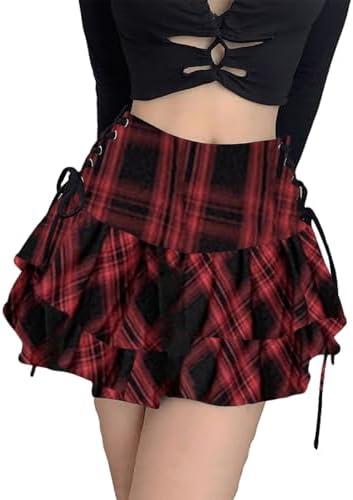 AULKEEP Womens Lace Up Skirts Goth Ruffle Mini Skirt Y2k Black High Waist Skirt Summer Punk Short Skirts L Side Lace Up Plaid Red