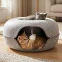 Cat Tunnel Bed - Comfort Bedz Large Donut Cave for Cats, Felt Enclosed Hideaway with Zipper, Top Perch, Interactive Toy, Washable Indoor Cat House, Light Gray