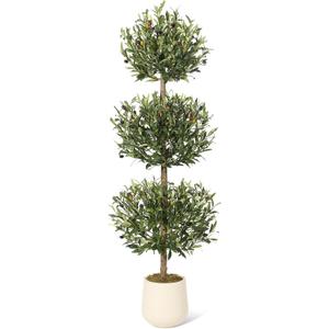 5 ft Artificial Olive Tree, Triple Ball Topiary Faux Plant with Moss & Pot, Outdoor Indoor Realistic Fake Shrubs Trees, Round Bushes Fake Shrubs Potted for Home Offices Porch Decor, Set of 1