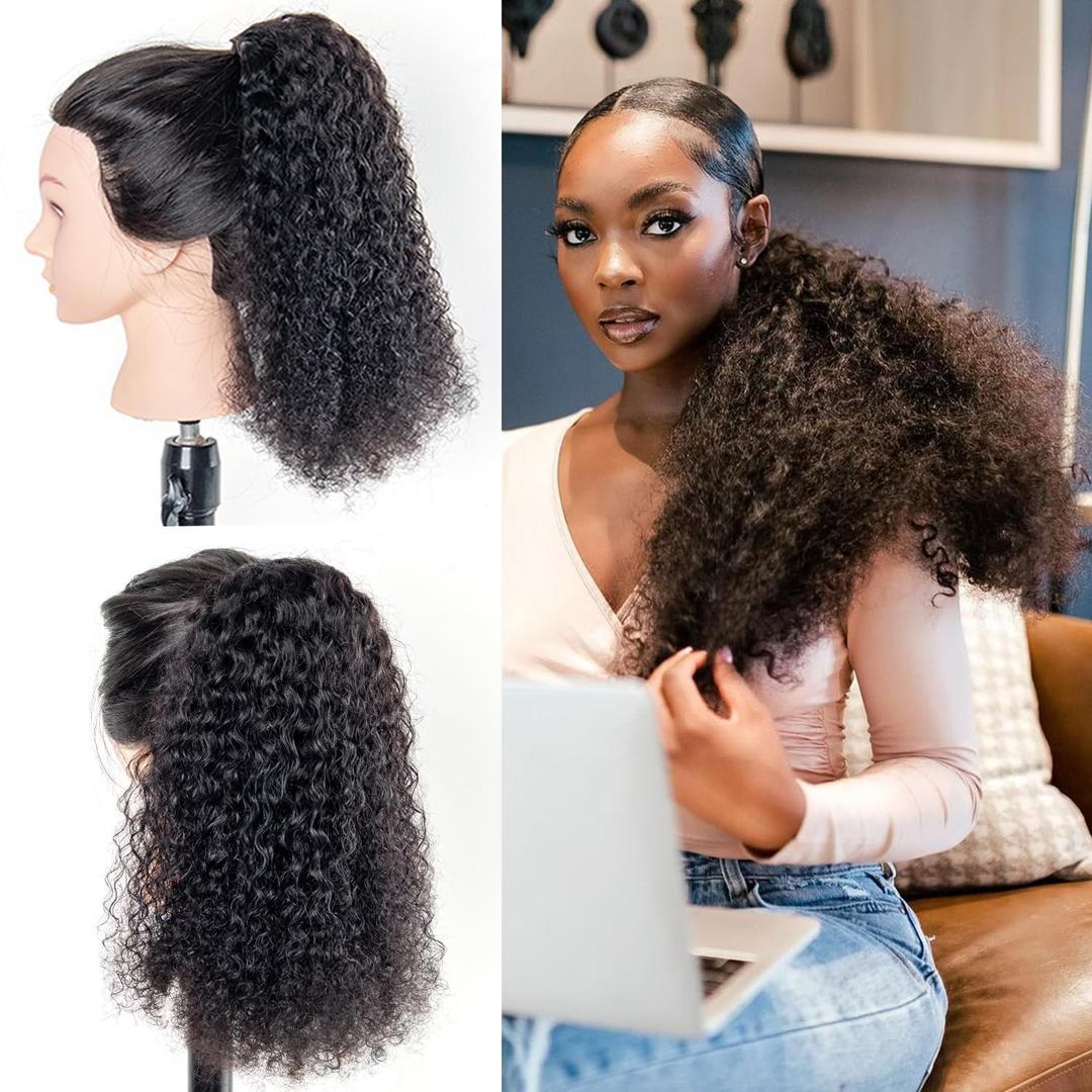 Kinky Curly Ponytail Extension Drawstring Human Hair Clip In Brazilian Virgin Human Hair Ponytails For Black Women Curly Wave Hair Pieces Natural Black 16 Inch