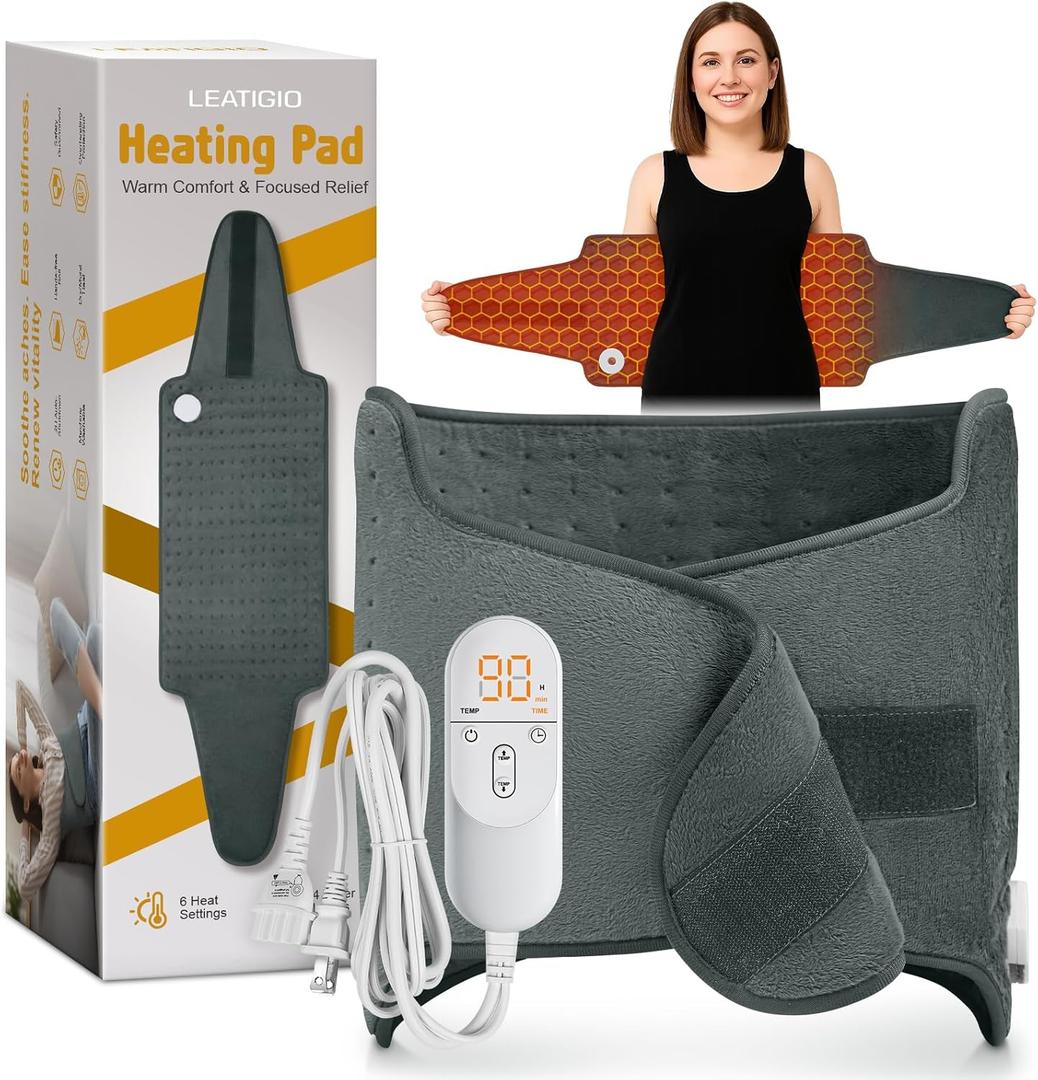 Heating Pad for Back, Electric Heating Pad for Period Cramps, Wrap Around Heated Pad for Waist Stomach Neck Shoulders with Belt, Anniversary & Birthday Gifts for Women Men Mom Dad Wife Husband (Gray)