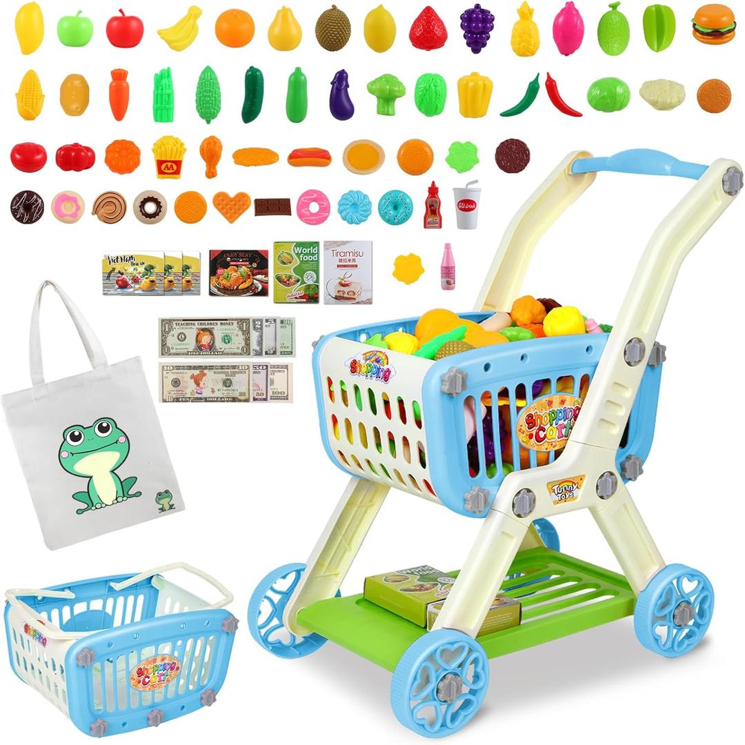 Kids Shopping Cart - 2 in 1 Toy Shopping Cart with Play Food Fruit Vegetable Dessert and Shop Accessories, 72pcs Pretend Play Grocery Store Toy Kitchen Game Trolley Play Set for Kids (Blue)