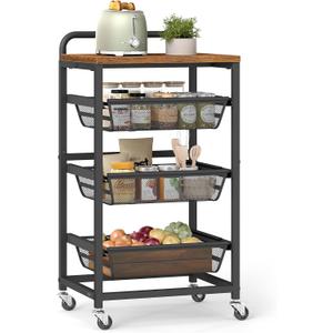 VASAGLE Storage Rolling Cart with Pull-Out Baskets, 4-Tier Utility Cart Orgnizer with Wheels for Laundry Room, Kitchen, Handle, 12.5 x 15.8 x 29.9 Inches, Rustic Brown and Ink Black ULRC040K01