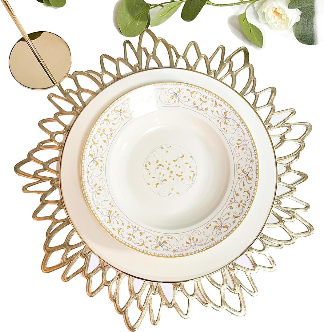 Herda Gold Placemats Set of 12, Metallic 15" Round Pressed Vinyl Table Mats, Gold Plates Chargers Dining Place Mats for Graduation Party, Birthday, Christmas, Thanksgiving, Wedding Decoration