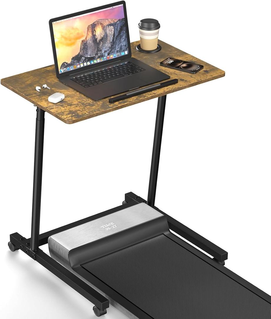 Eocnrhe Treadmill Desk, Mobile Small Standing Desk with Wheels for Walking Pad, Portable Table for Laptop, Rolling Table Adjustable Height, Bedside TableBrown, 23 inches x 23 inches x 45 inches