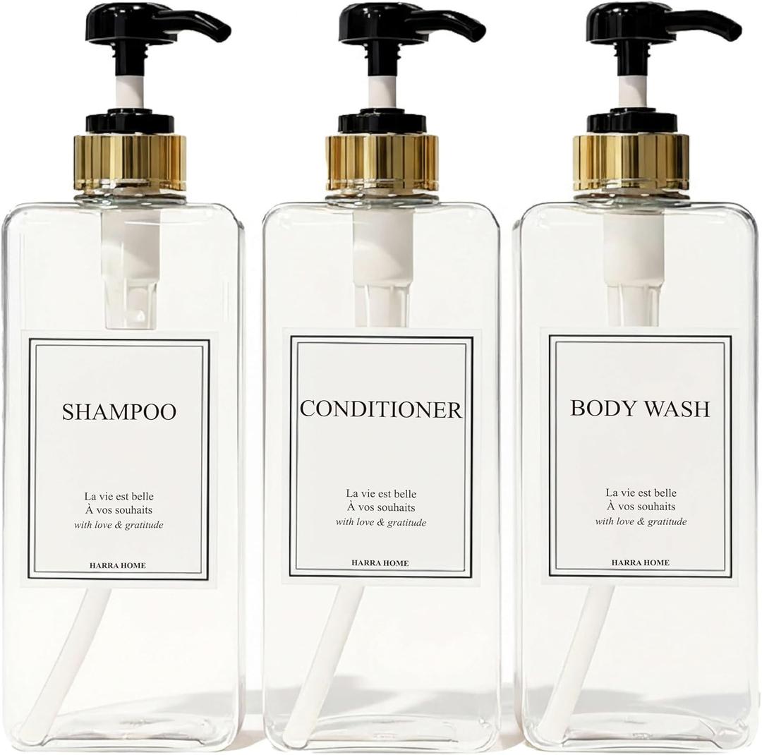 Modern Gold Design Shampoo and Conditioner Dispenser, Large 27oz Shower Soap Dispenser, Set of 3 Refillable Empty Plastic Pump Bottles for Bathroom (6 Waterproof Labels Included), (Clear & Black)