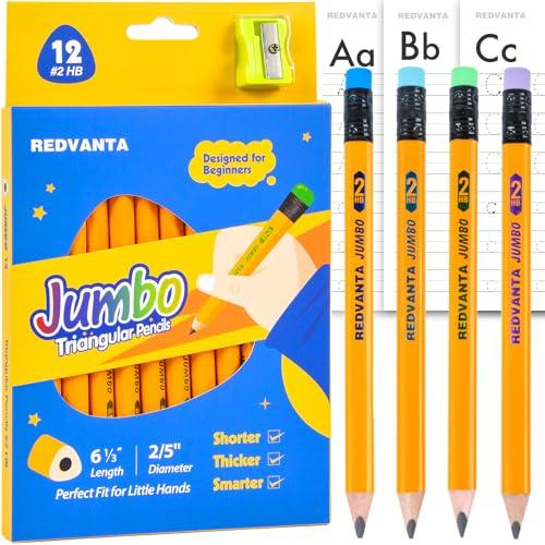 REDVANTA Pre-sharpened Jumbo Pencils #2 for Toddlers, Triangular Fat pencils with Erasers for Preschoolers, Beginners, Kindergarten, School 7 Count