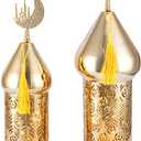 TRIROCKS Ramadan Lanterns Set of 2 14" &12" Gold Electric Candle Holders with Timer, Metal Decorative Vintage Lanterns for Indoor/Outdoor Decor, Perfect EID Mubarak Gift