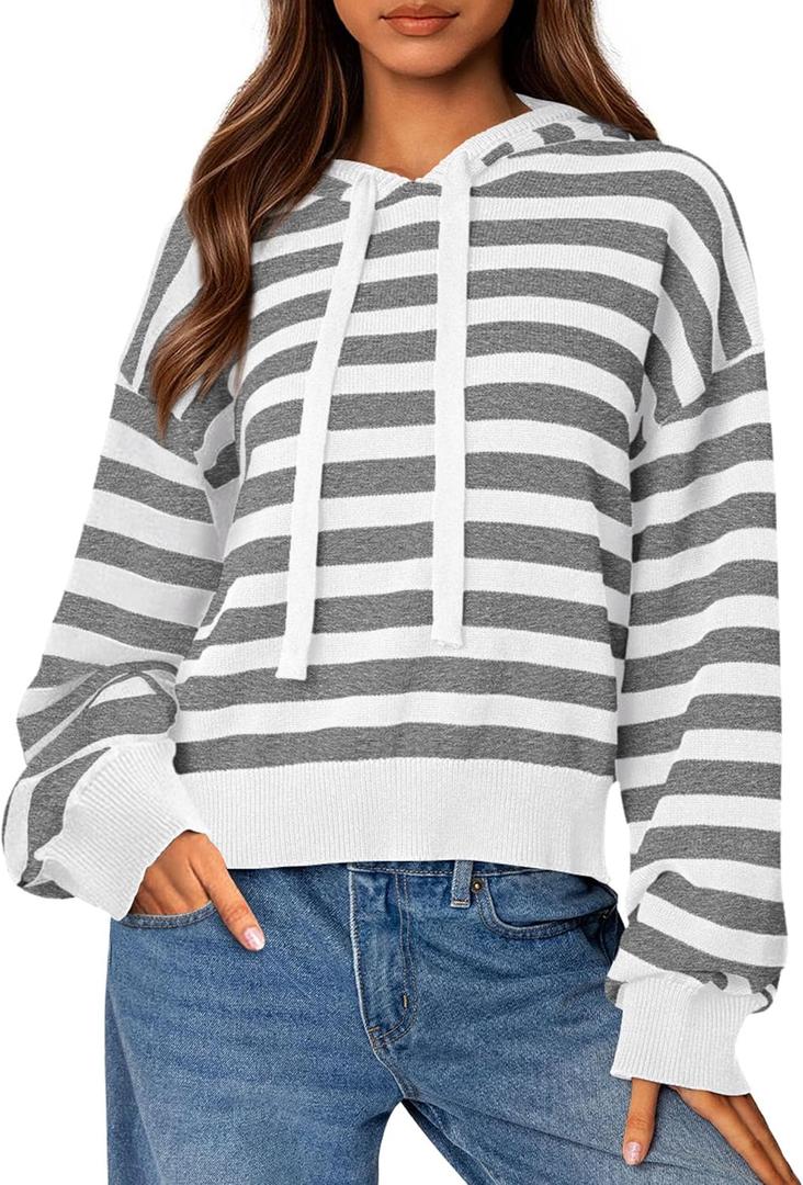 PRETTYGARDEN Hoodies for Women Fall Fashion 2026 Striped Pullover Sweaters Casual Long Sleeve Tops Winter Clothing (Striped Grey White,Medium)