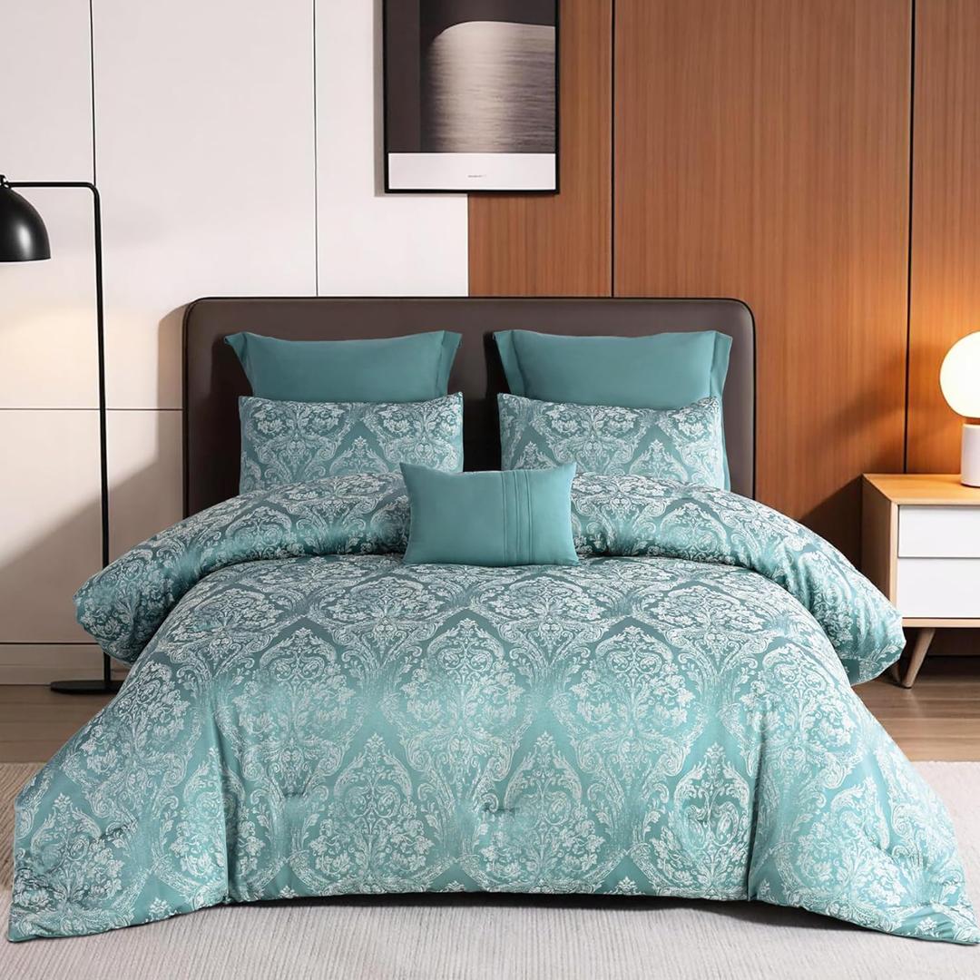 ALPHA HOME King Size Jacquard Bedding Comforter Set - All Season Luxurious Elegance With Cushion (1 Comforter, 2 Pillow Shams, 2 Euro Shams) (Jade Green) ALPHA HOME King Size Jacquard Bedding Comforter Set - All Season Luxurious Elegance With Cushion (1 Comforter, 2 Pillow Shams, 2 Euro Shams) (Jade Green)