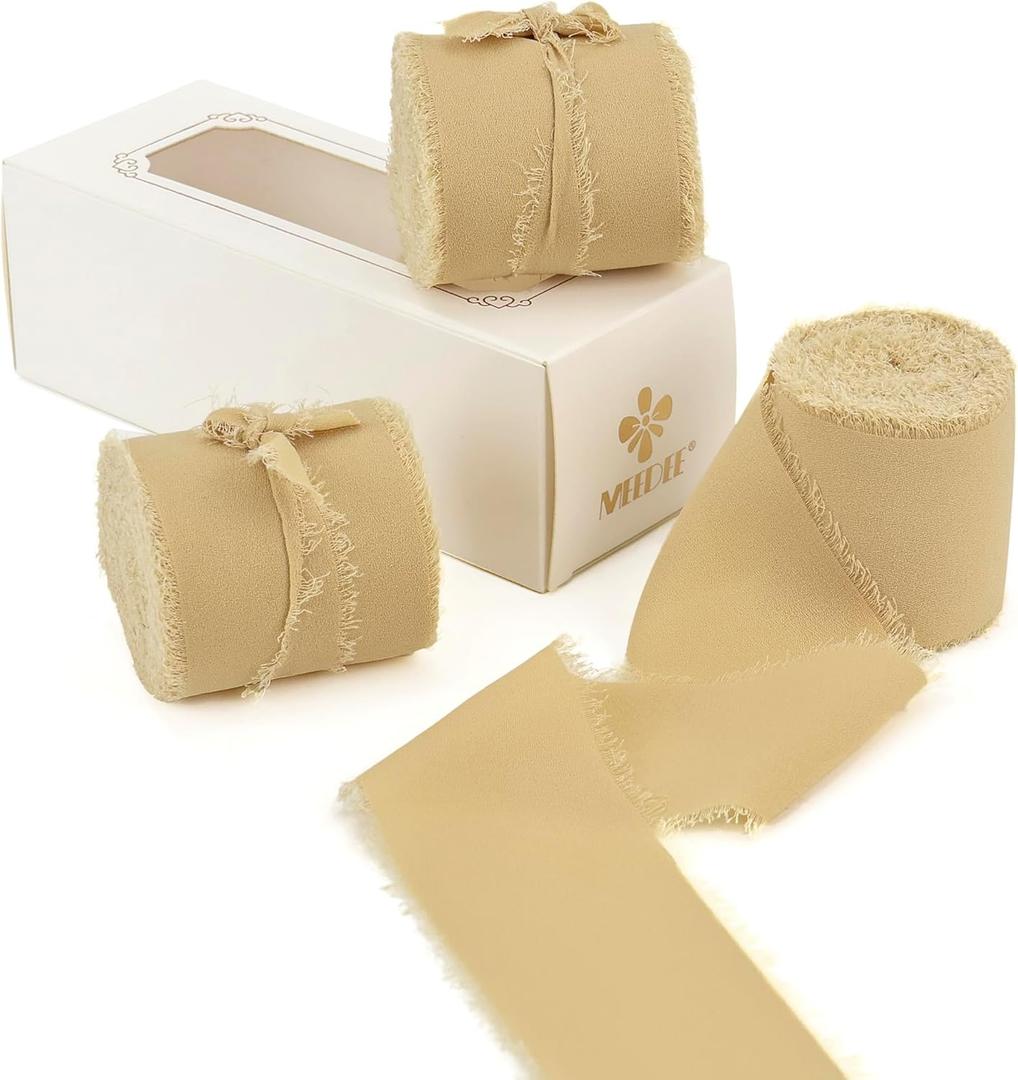 MEEDEE Khaki Chiffon Ribbon - 2 Inch Frayed Fringe Silk Ribbon for Crafts, Wedding Invitation & Gift Wrapping (3 Rolls 21 Yards)