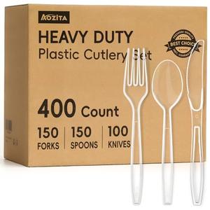 400 Count Heavy Duty Plastic Silverware, BPA-Free, Clear Plastic Cutlery Set, Premium Disposable Utensils for Party Everyday Use, 150 Forks, 150 Spoons and 100 Knives