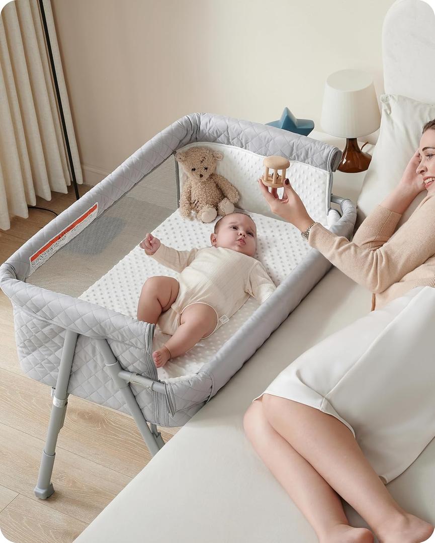 Bassinet Bedside Sleeper, Baby Crib for Newborn, Baby Bassinets Bedside Sleeper with 4 Auto-Lock & Adjustable Height, Breathable Mesh & Mattress, Bedside Bassinet (Grey)