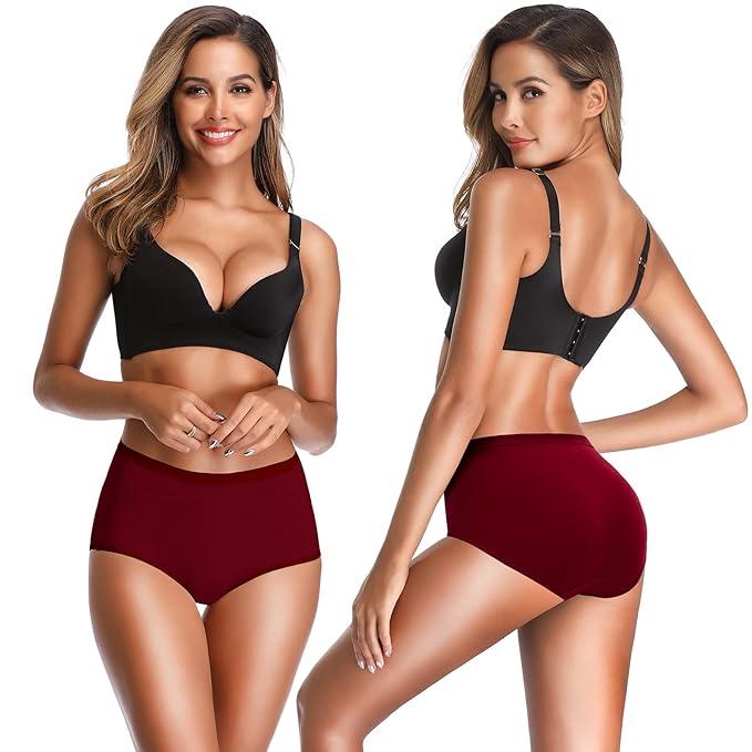 OLIKEME High Waisted Underwear for Women Cotton Breathable Panties Tummy Control Full Coverage Briefs 2 Pack (Red, Purple, M)
