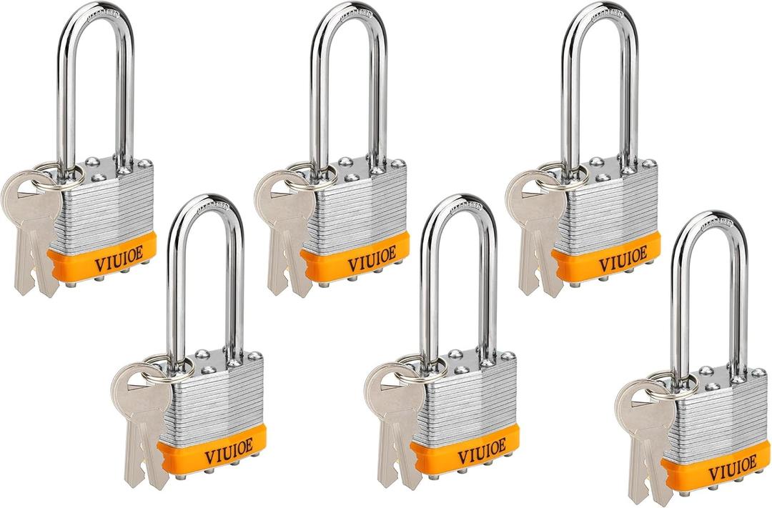 6pcs Keyed Alike Padlocks - Long Shackle Gym Locker Locks with Keys - Laminated Padlocks for Door, Luggage, Gate, Storage, Fence, Cabinet, Garage, Shed, Latch