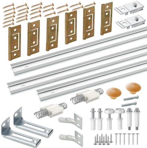 Bifold Door Hardware with Track, Bi-fold Closet Door Hardware Repair Tool Kit, Included Top Guide Wheels, Top Pivot, Bottom Pivot, Spring, Metal Pivot Pin and Steel Track (48 inch)
