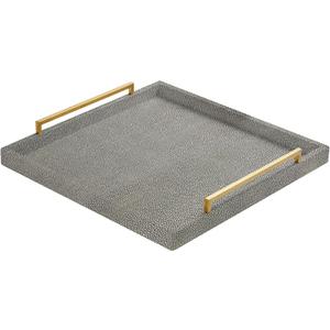 24" Extra Large Grey Shagreen Ottoman Tray Functional Square Serving Tray Stylish Decorative Tray for Modern Home Living Room (Grey-Gold Handle, 24")