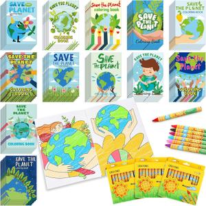 Fulmoon 72 Pcs Earth Day Coloring Books with 72 Pcs Crayons for Kids Save the Planet Coloring Books Bulk for Toddler Ages 6+ Earth Day Party Favors Learning Party Classroom Home Activities Supplies