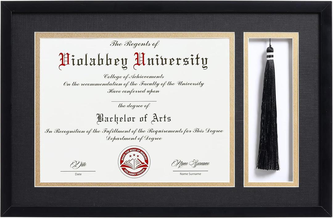 VIOLABBEY 11x17 Matte Black Diploma Frame with Tassel Holder for 8.5x11 Certificates Document, College Degree Frame for Wall Mounted (Black Gold Double Mat)