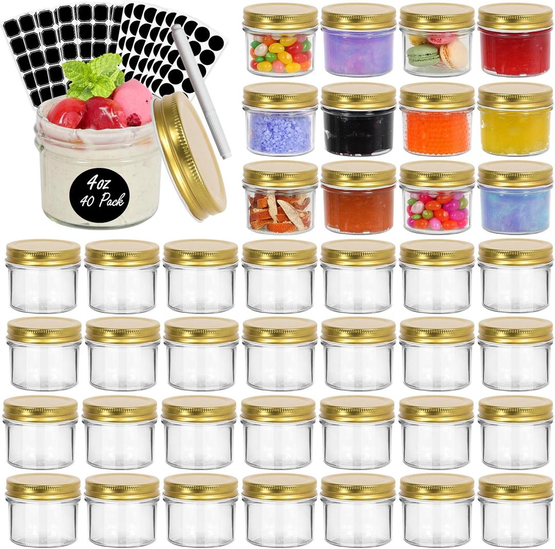 EkkoVla 40 Pack 4 oz Glass Jars with Golden Lids, Regular Mouth Mini Mason Jar, Canning Jars for Honey, Jam, Jelly, Wedding Favor, Shower Favor, Body Butters, Spice