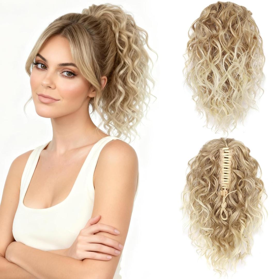 ZQIAN BEAUTY Claw Clip Ponytail Extension - 12 Inch Curly Ponytail Extension, Wavy Pony Tails Hair Extensions, Synthetic Hair Extensions Ponytail for Women (Color: Blonde with Bleach Blonde Ends)